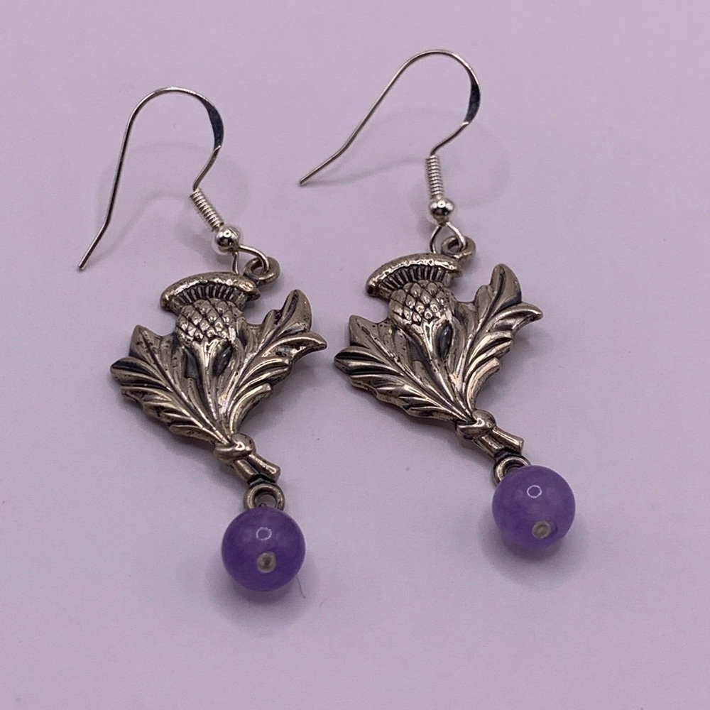 Sterling Silver Scottish Thistle Earrings with Genuine Purple Amethyst Accents - Picture 5 of 9